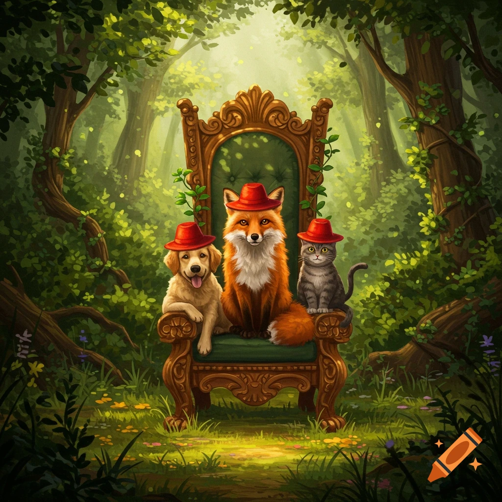A cute fox, dog, and cat wearing red hats sit on a golden throne in a lush, magical forest, digital painting.