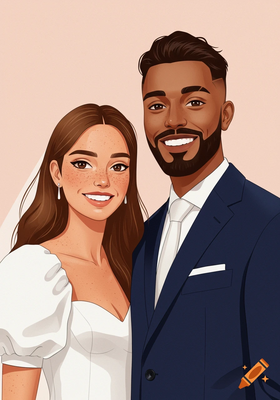 Smiling cartoon bride with freckles and groom in a navy suit, in a minimalist illustration.