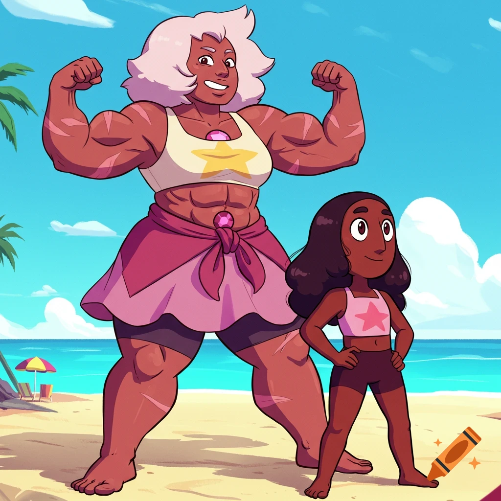 A muscular cartoon woman with pink hair and scarred skin flexes on a sunny beach next to a young girl with dark curly hair.