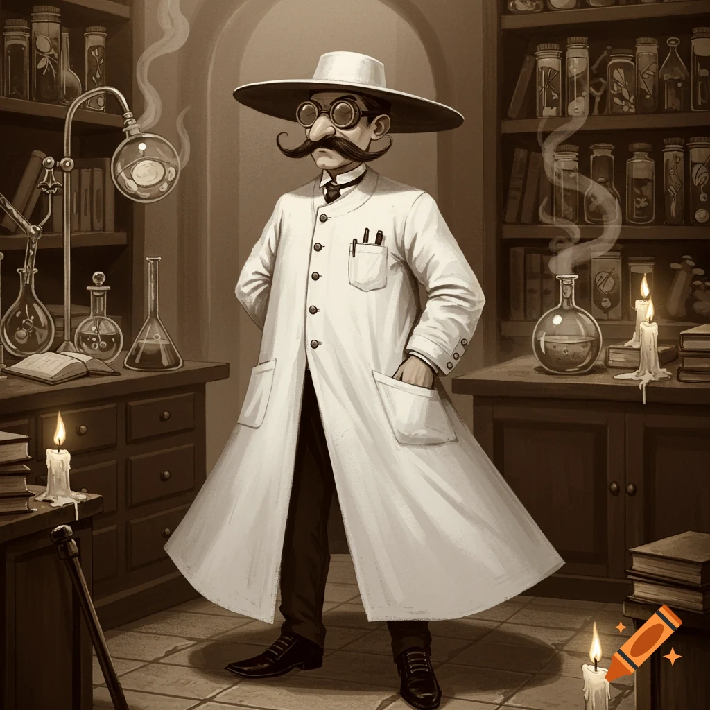 A stylized illustration of a scientist with a large mustache, goggles, and a wide-brimmed hat in a vintage laboratory.