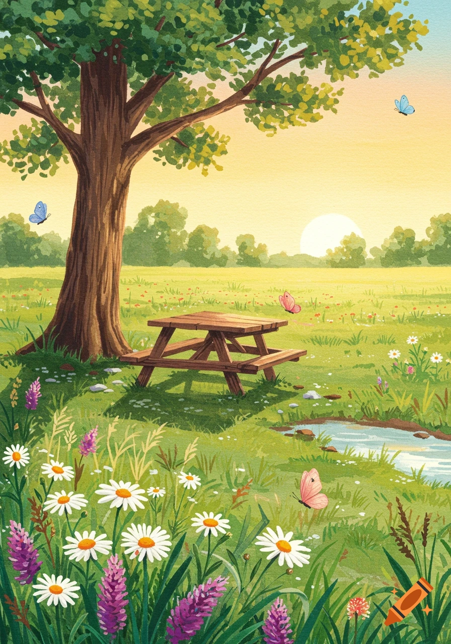 A colorful illustration of a picnic scene under a large tree with wildflowers, butterflies, and a stream at sunrise.