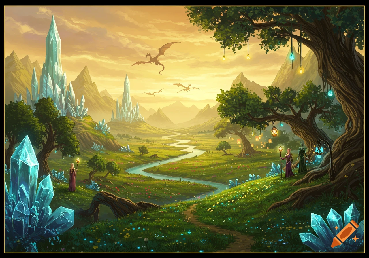 A vibrant fantasy landscape with crystal spires, a winding river, flying dragons, and two mages under glowing trees.
