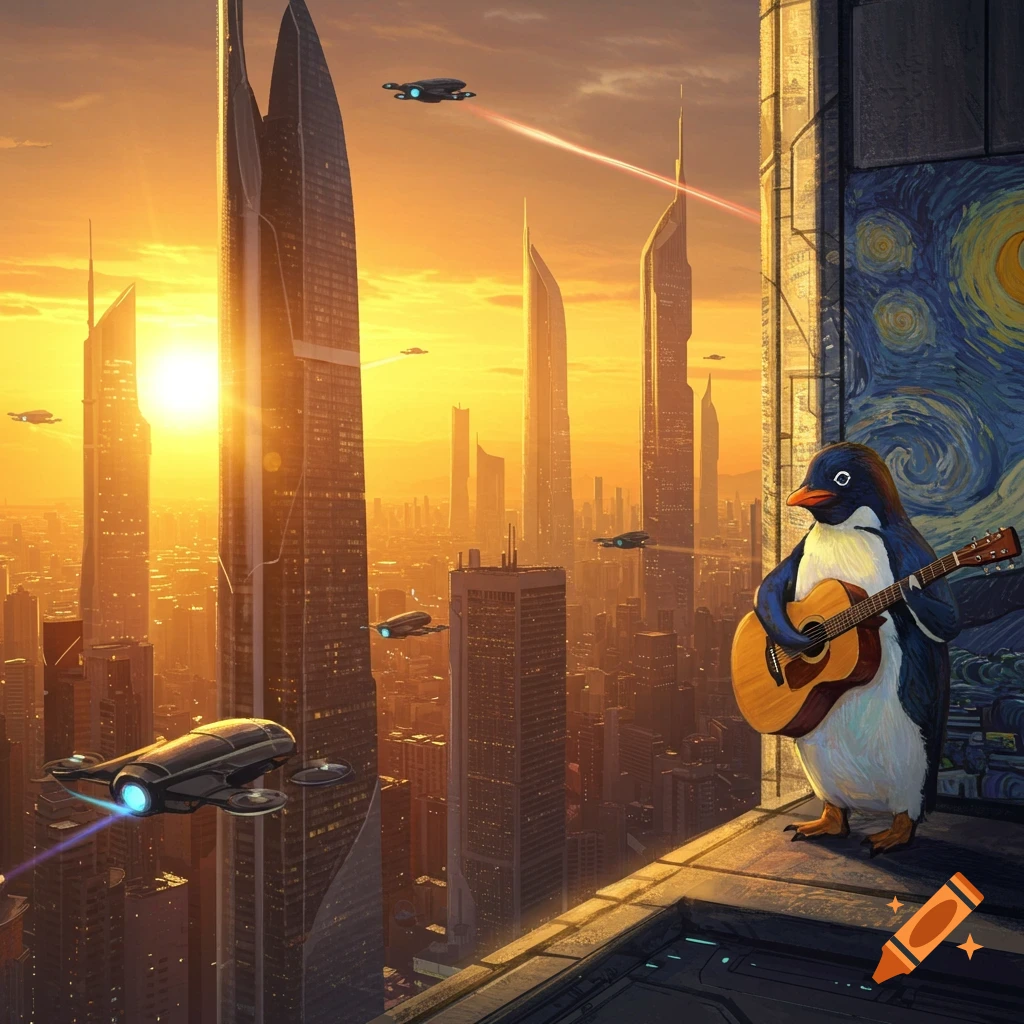 A penguin playing a guitar on a skyscraper ledge, with a futuristic cityscape at sunset and a Van Gogh-style mural behind it.