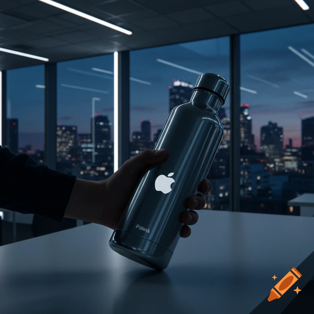 A hand holds a silver Apple water bottle in a dark office with a city skyline at dusk.