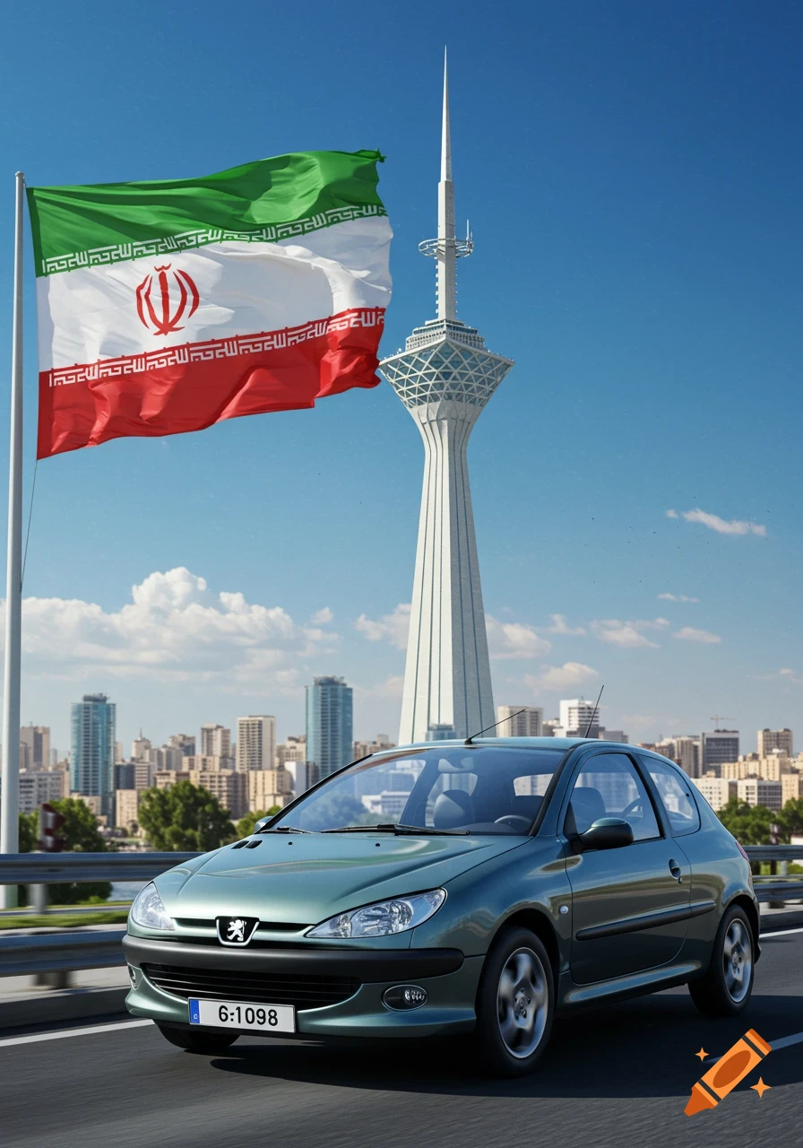 A green Peugeot 206 car drives on a highway with the Iranian flag and Milad Tower under a blue sky.