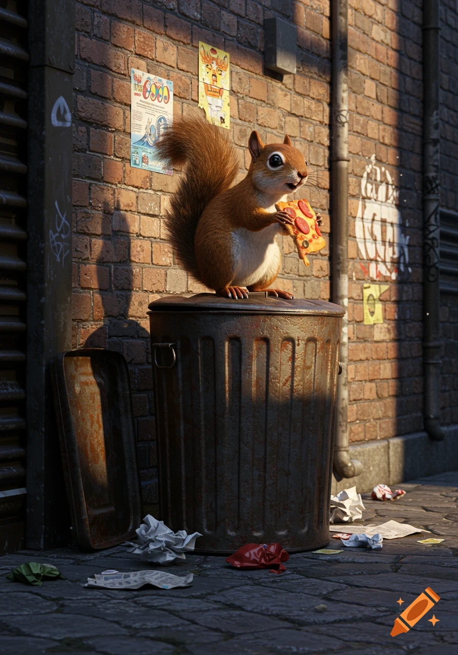 A photorealistic squirrel sits on a rusty trash can in a sunny urban alley, holding and eating a slice of pepperoni pizza.