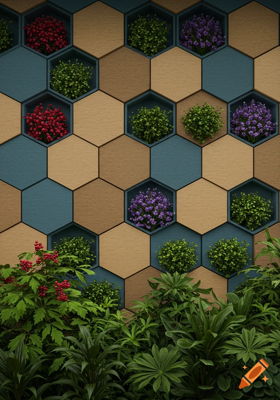 A wall of brown and teal hexagons with recessed plants and berries, with lush green foliage in the foreground.