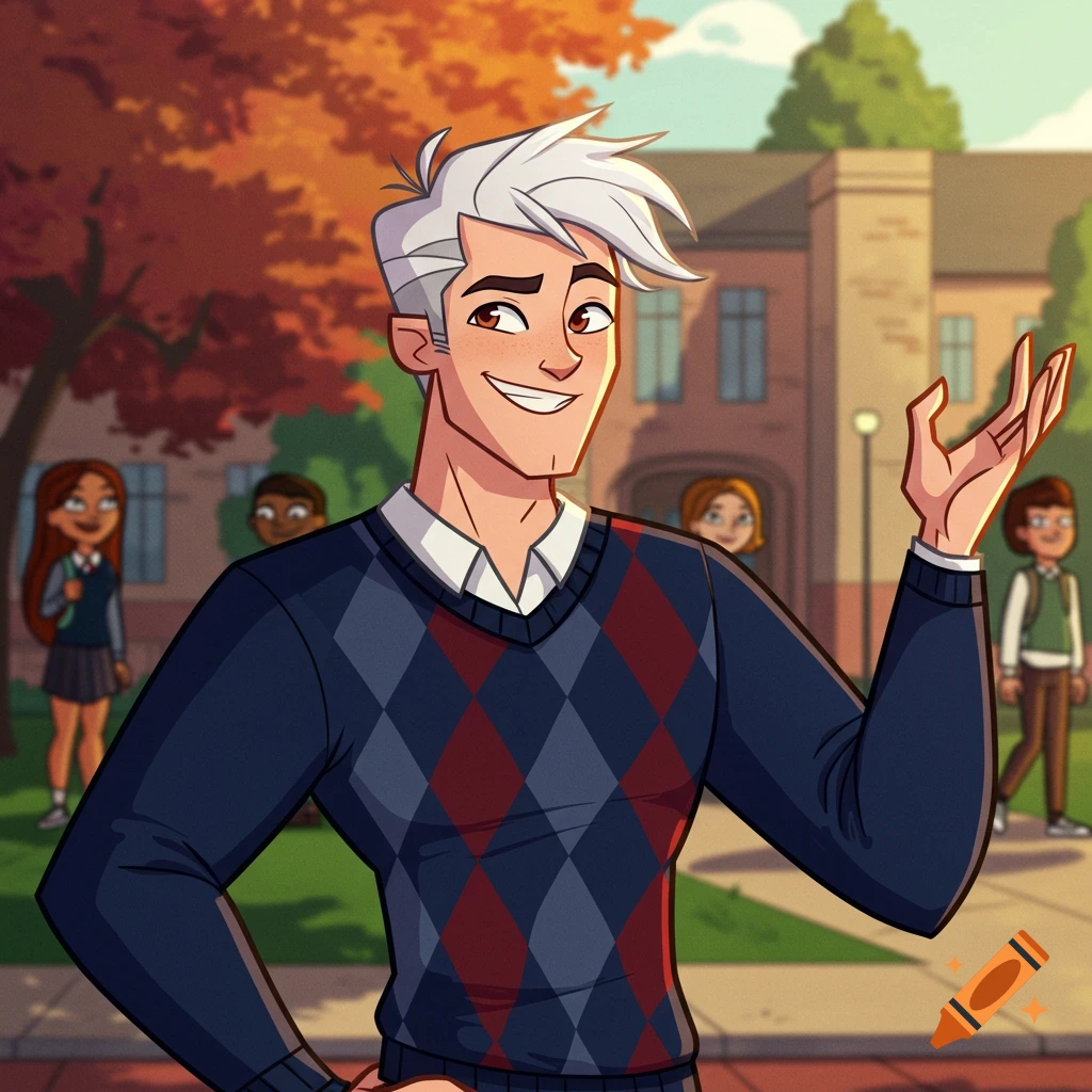 A smiling cartoon man with white hair in an argyle sweater gestures in front of a school with other students.
