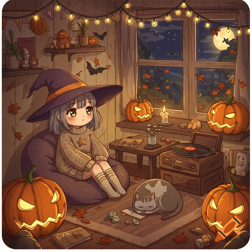 A cute anime witch girl sits on a beanbag with pumpkins and a sleeping cat in a cozy, lofi-style Halloween room.