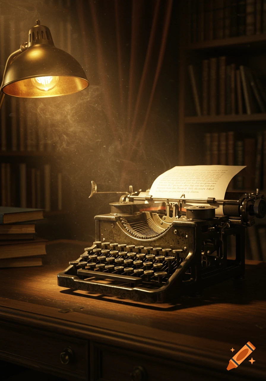 A well-lit vintage typewriter with a sheet of paper, surrounded by books on a wooden desk, in a photorealistic style.