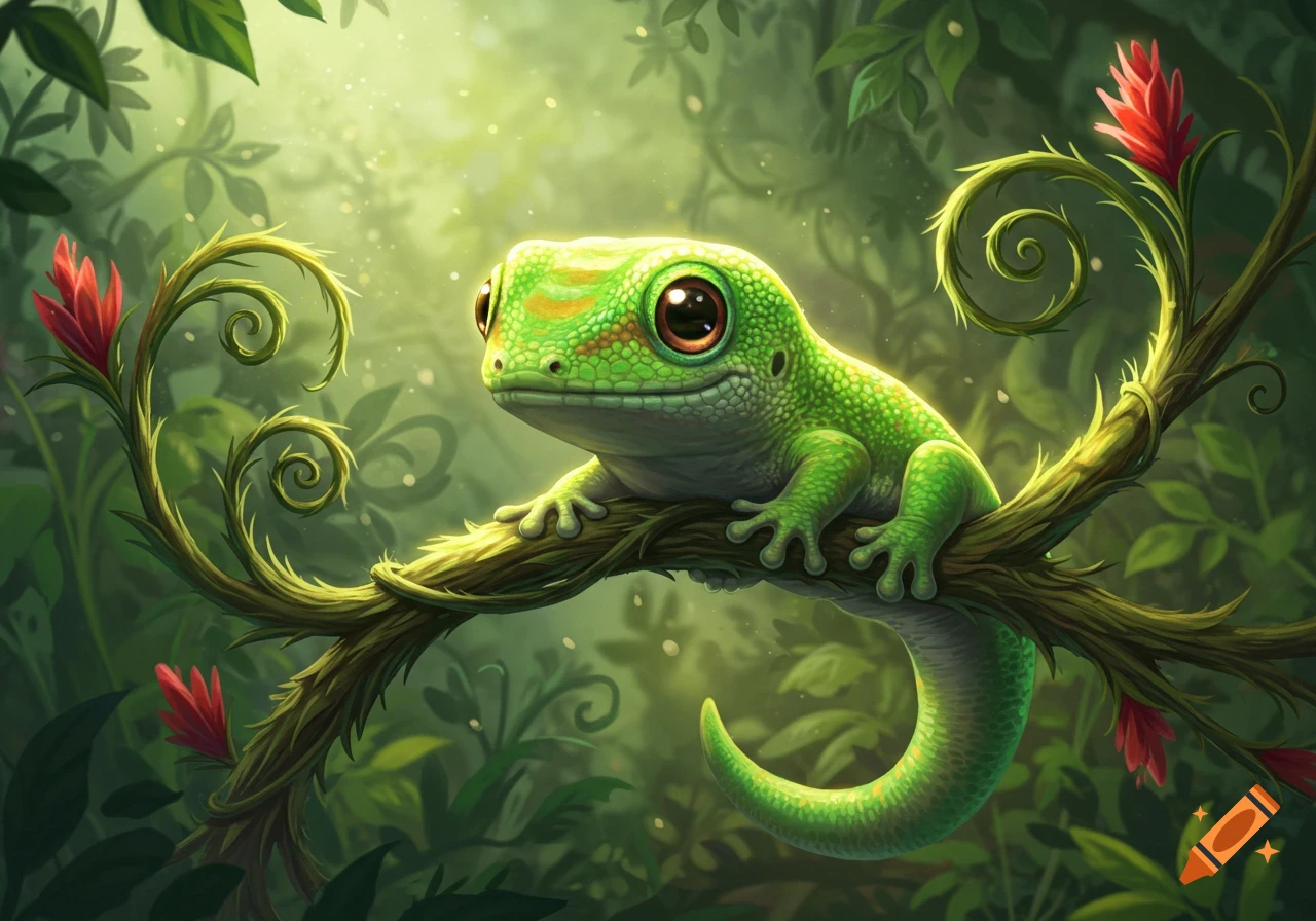 A cute, stylized green gecko-like reptile with big eyes sits on a leafy tree branch in a sunlit jungle.