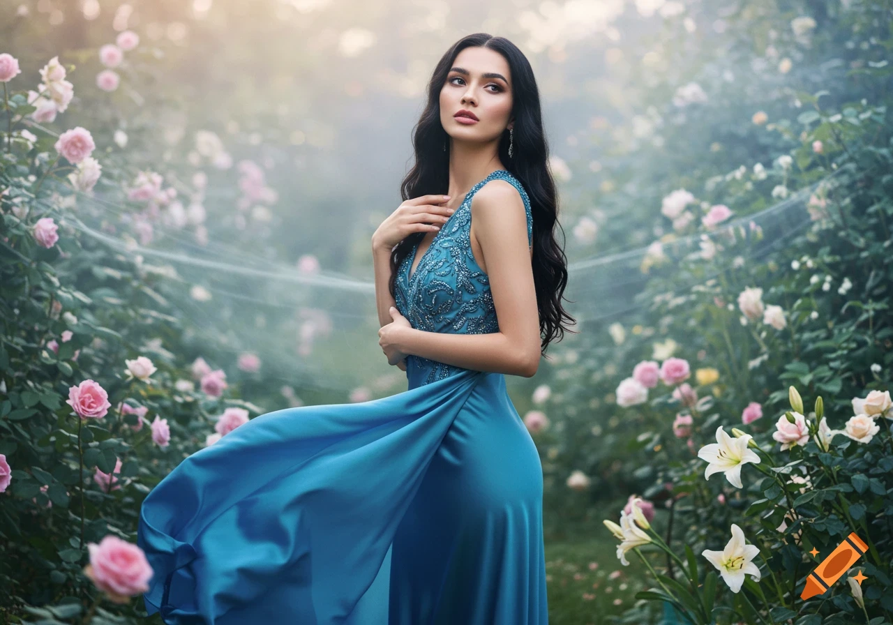 A beautiful woman with long dark hair in a flowing teal blue dress poses gracefully in a soft-focus rose garden.