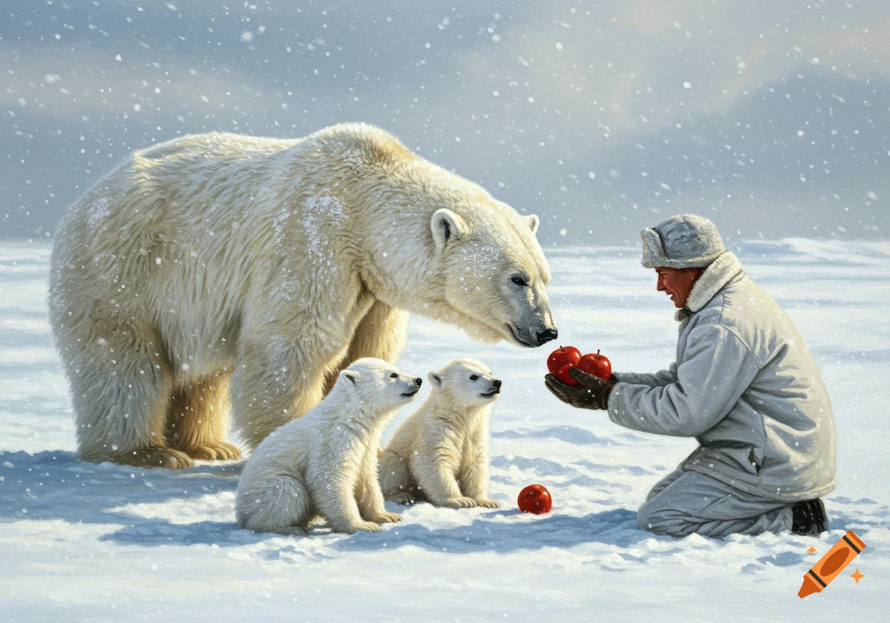 A man kneels in a snowy landscape, offering red apples to a polar bear and two cubs, in a realistic painting style.