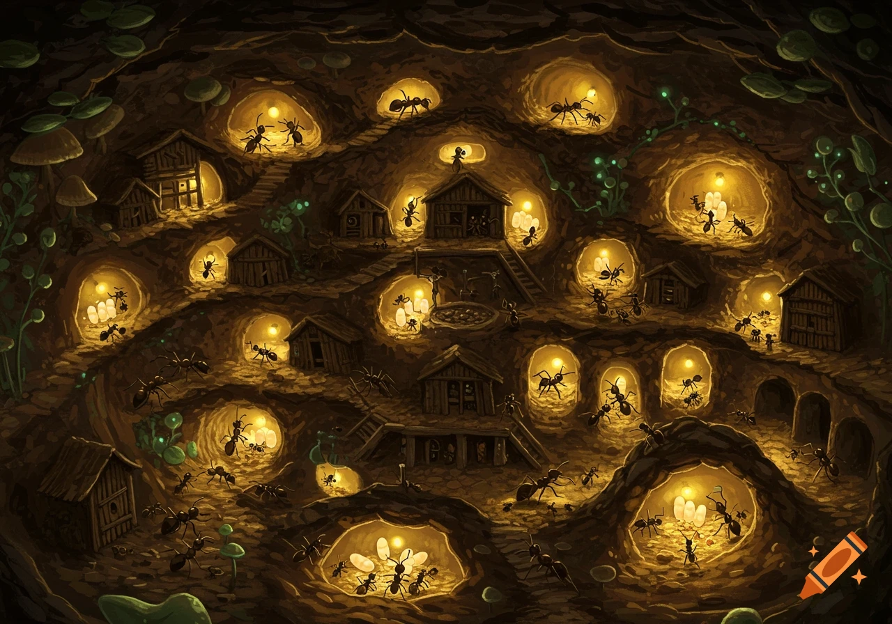A detailed illustration of a bustling underground ant city, with multiple illuminated chambers showing ants, larvae, and small wooden structures.