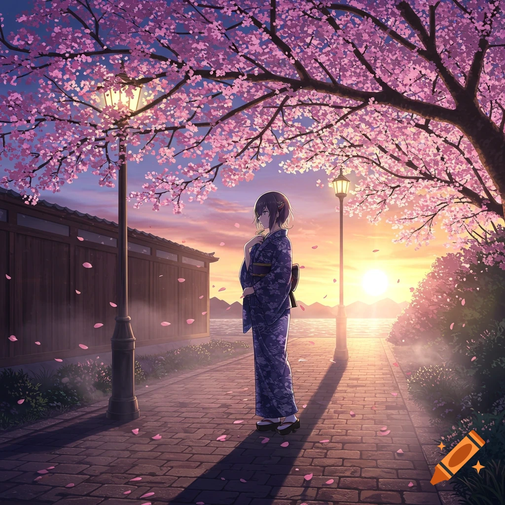 An anime girl in a purple kimono stands on a brick path under blooming pink cherry blossom trees at sunset, next to a lake.