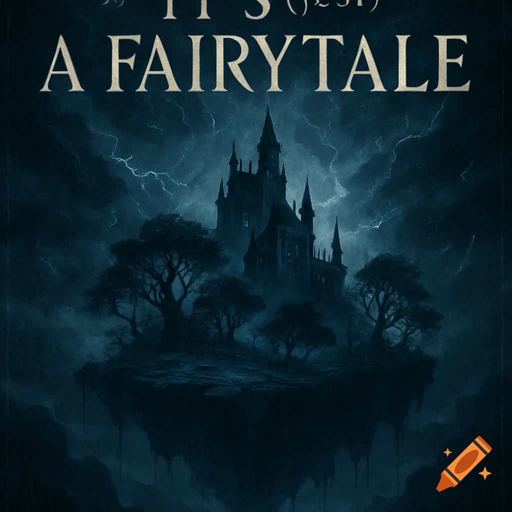 A dark fantasy book cover featuring a foreboding castle on a floating island under a stormy, lightning-filled sky. Title: IT'S (JUST) A FAIRYTALE.