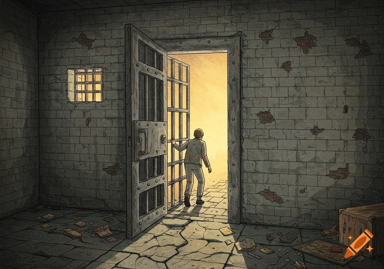 A person walks out of a dark prison cell through an open door into bright light, in an illustrative style.