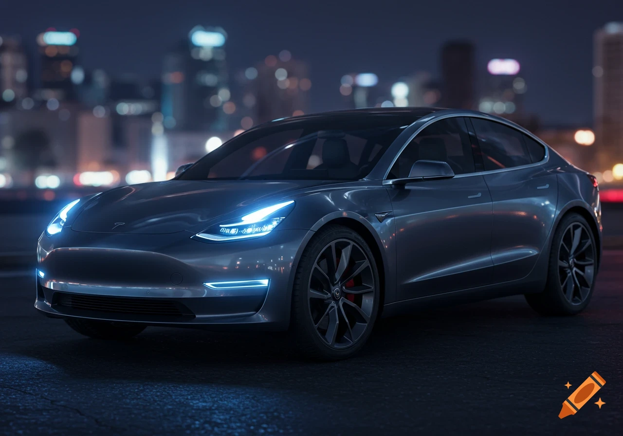 A photorealistic dark grey modern car with glowing blue headlights on a wet city street at night, blurred urban background.