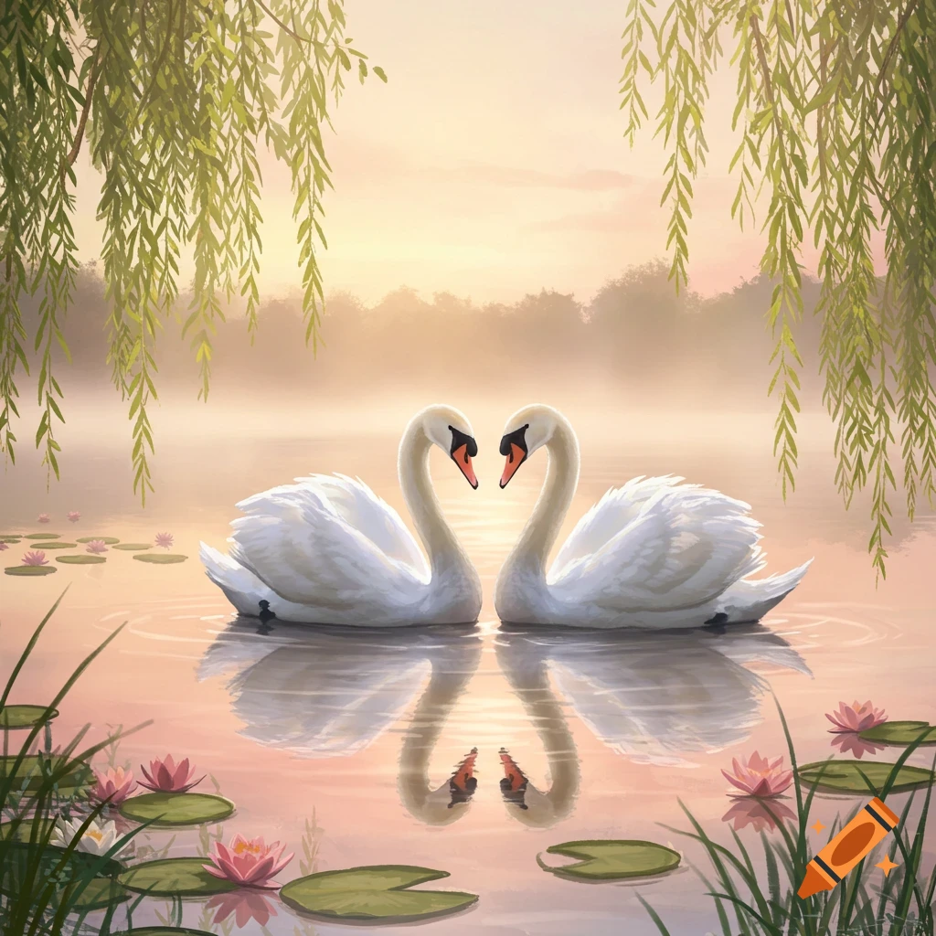 An illustration of two white swans forming a heart shape on a serene lake with lily pads and weeping willows at sunset.
