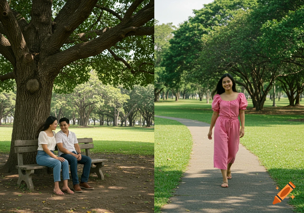 A photorealistic image of people in a sunny park; a couple on a bench, and a woman in pink walking on a path.