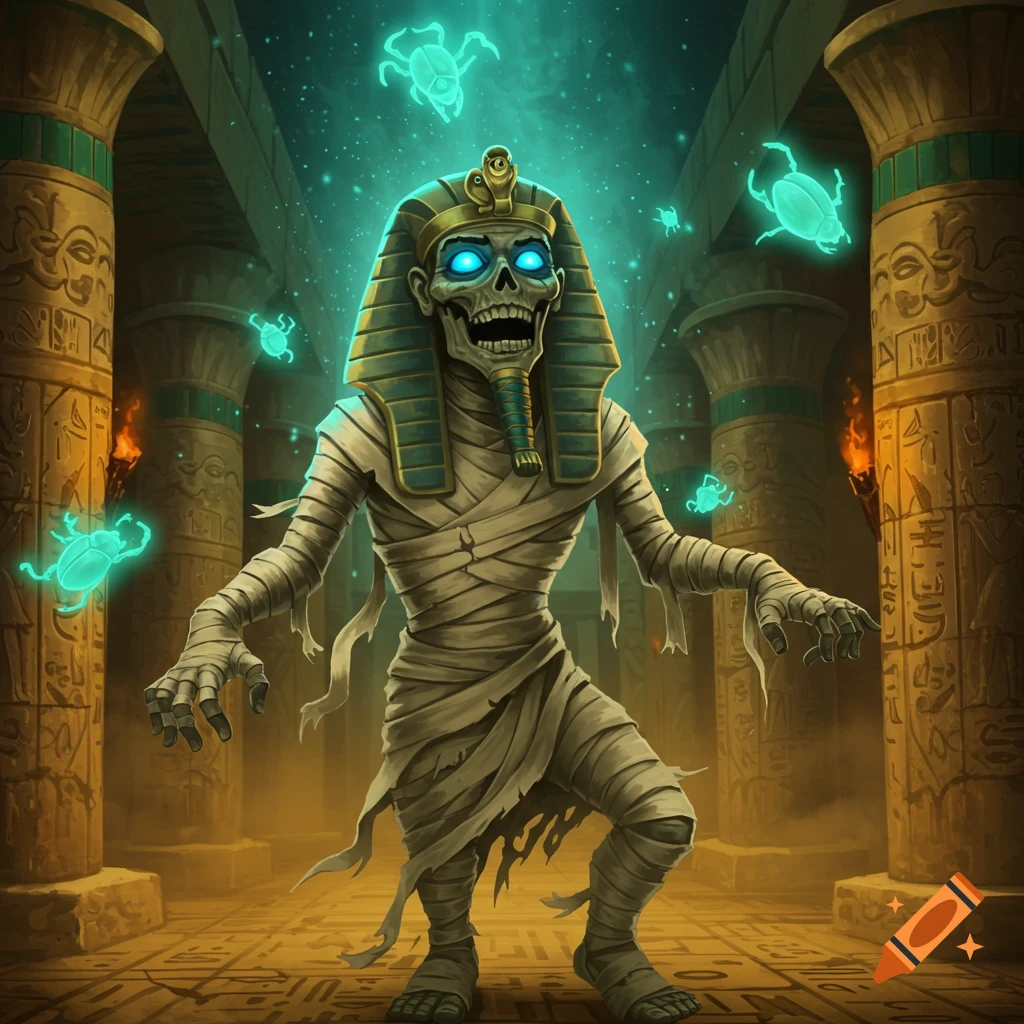 A glowing blue-eyed mummy pharaoh in ancient Egyptian garb stands in a dark temple with glowing scarabs.