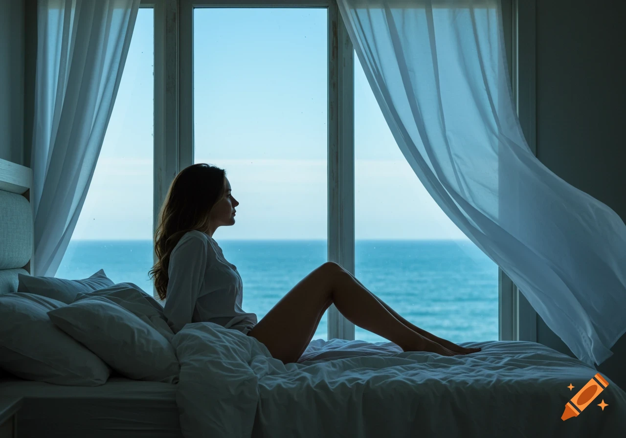 A backlit photo of a woman sitting on a bed by a large window with sheer curtains, looking out at the ocean.