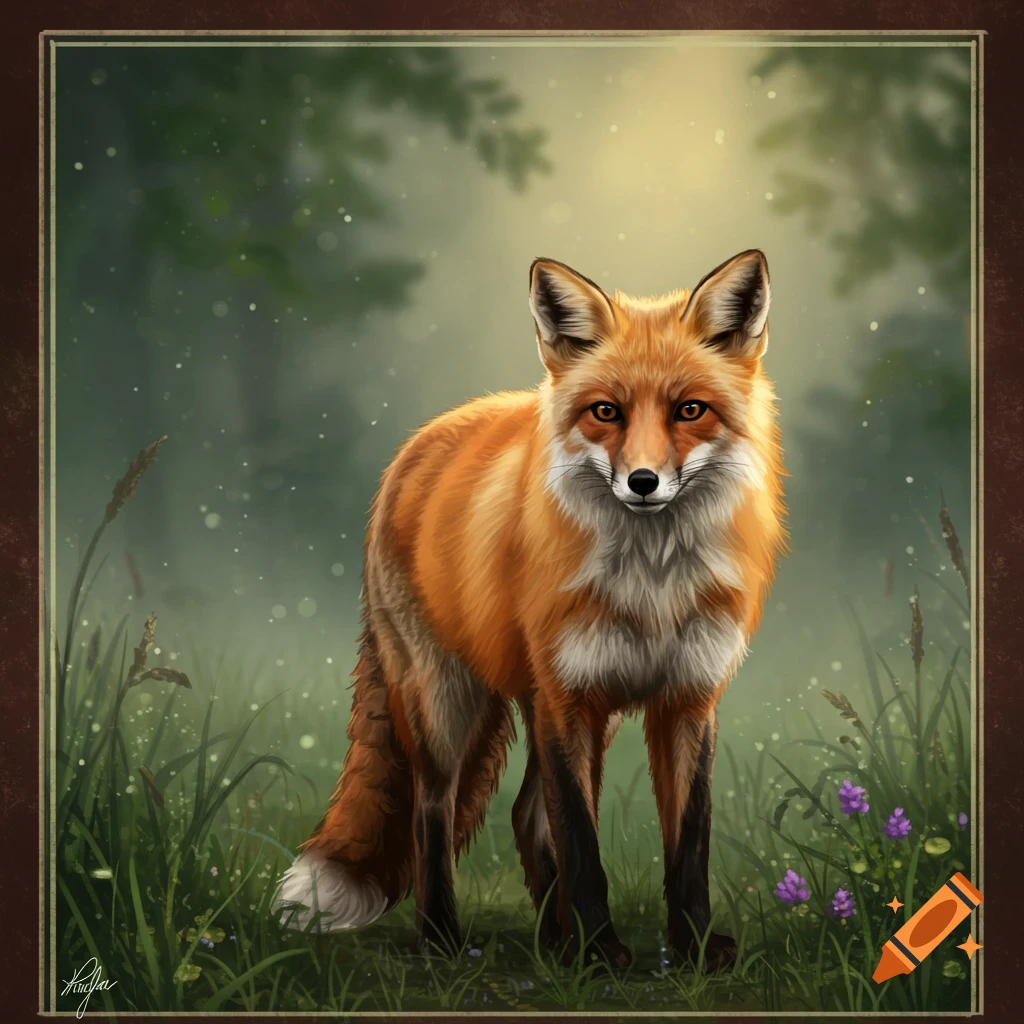 A vibrant red fox with white and black markings stands in a lush green meadow with purple flowers, framed by trees and soft light.
