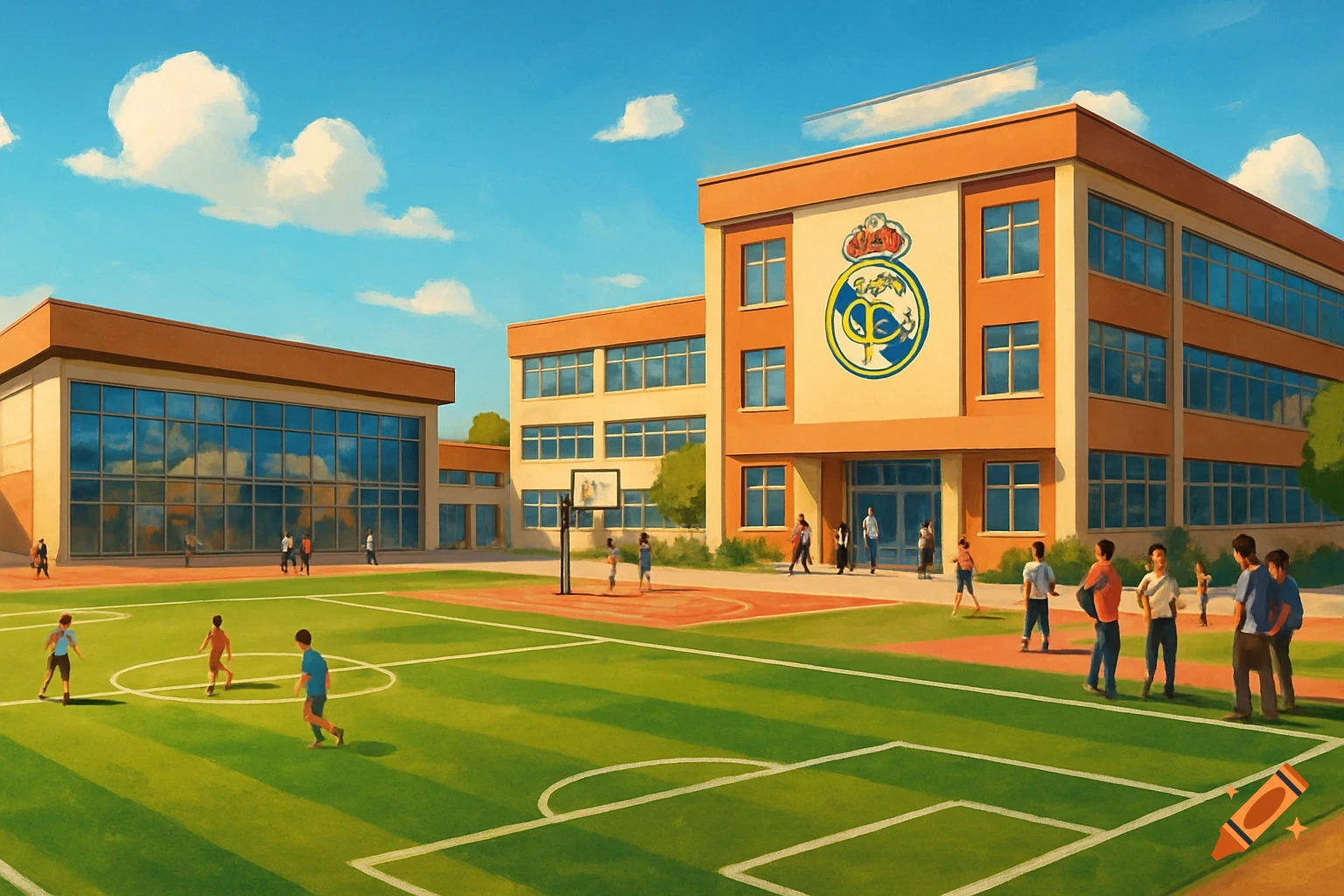 Illustrated school campus with multiple buildings, a sports field with soccer players, and a basketball court, under a blue sky.