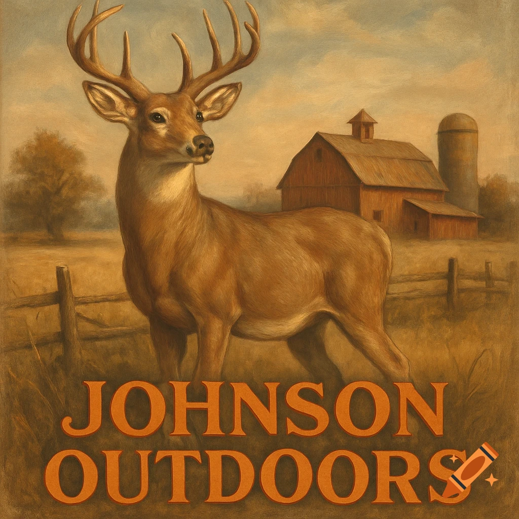 Vintage painting of a whitetail deer in a field with a red barn, silo, and trees. Text: Johnson Outdoors.