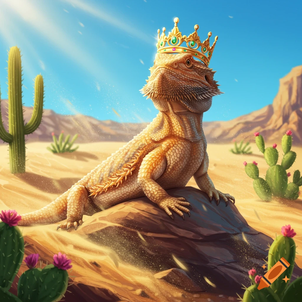 A regal bearded dragon wearing a golden crown sits on a rock in a sunny desert with cacti and mountains in a stylized illustration.