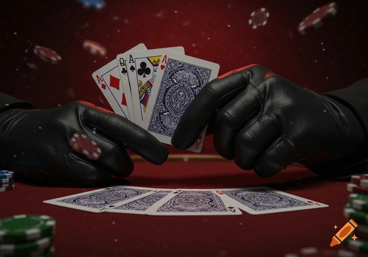 Gloved hands holding poker cards (Aces and a Queen) over a red poker table with chips, depicting a dramatic game scene.