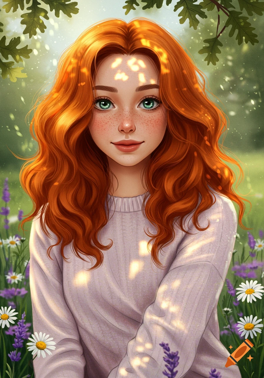 Illustration of a cute redhead woman with green eyes and freckles, wearing a light sweater, sitting in a field of daisies and lavender with dappled sunlight.