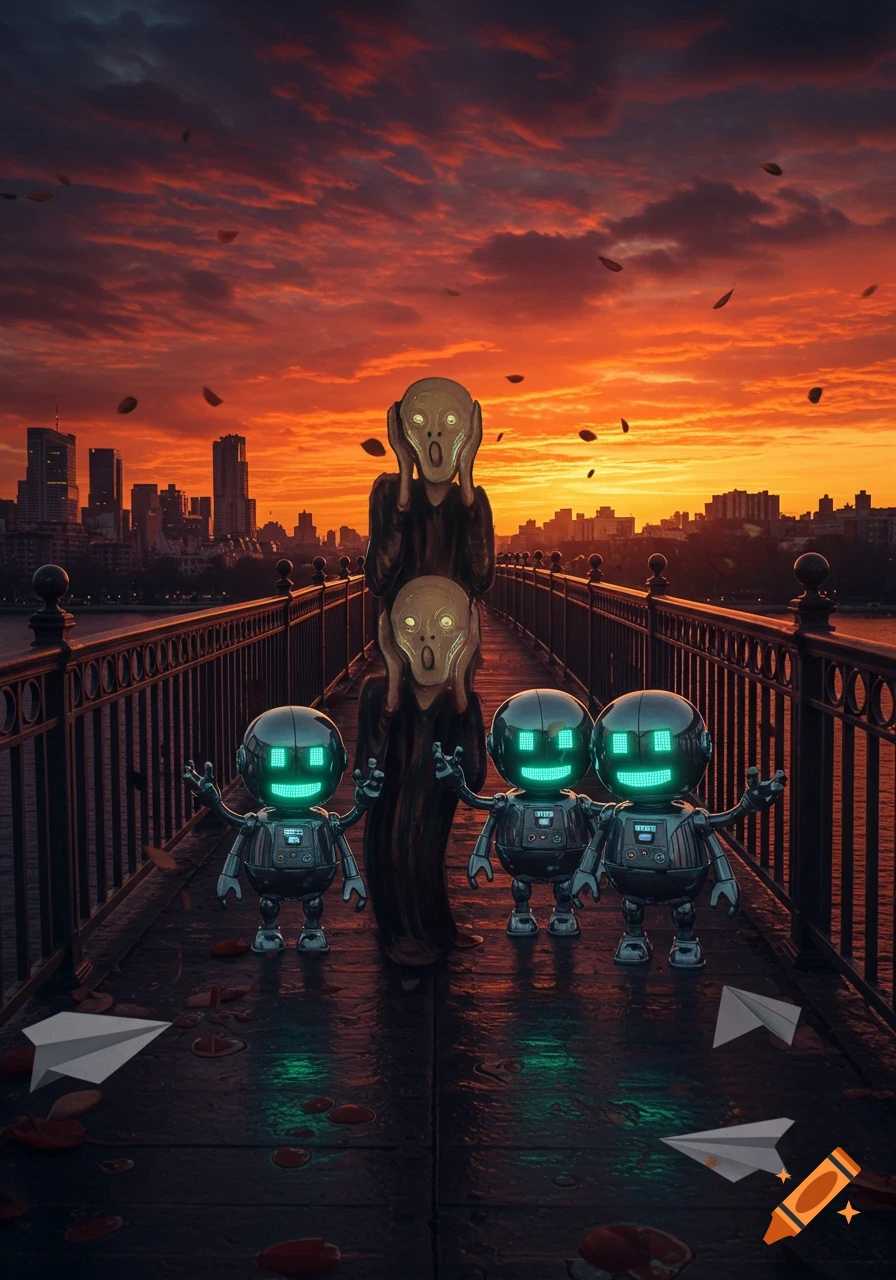 Surreal scene with two 'Scream' figures stacked on a bridge with three happy robots, a cityscape at sunset, and floating paper planes.