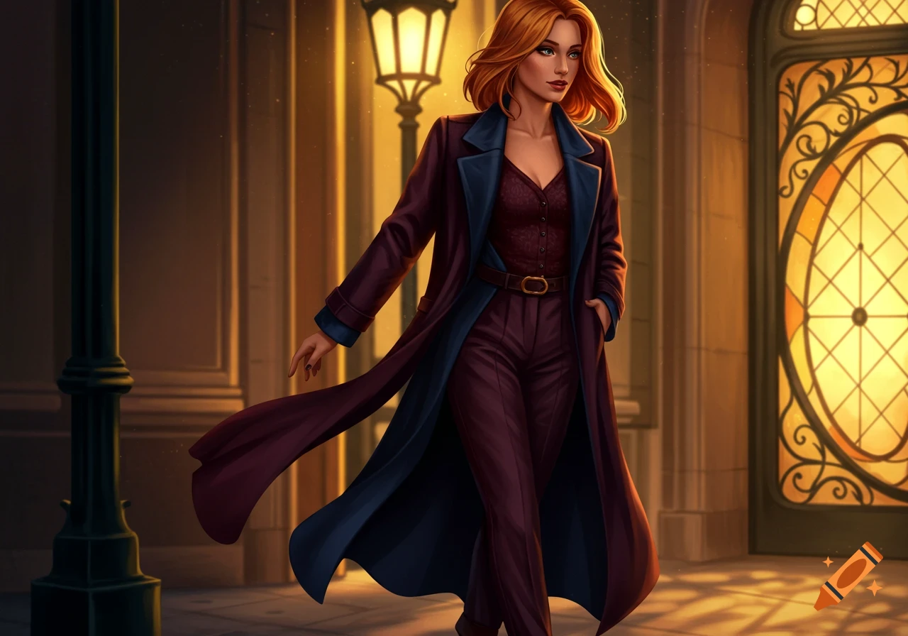 A confident red-haired woman in a long dark coat and pants walks at night past a glowing lamppost and ornate window, digital art.