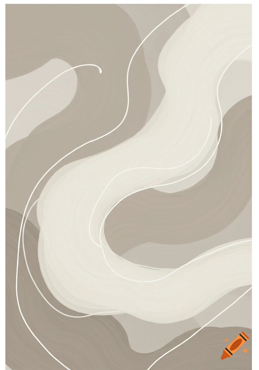 Abstract art with flowing wavy shapes in neutral beige and light cream, accented by thin white lines.