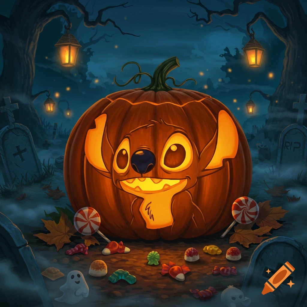 A Stitch jack-o'-lantern glows brightly in a dark, misty graveyard surrounded by candy and spooky trees.