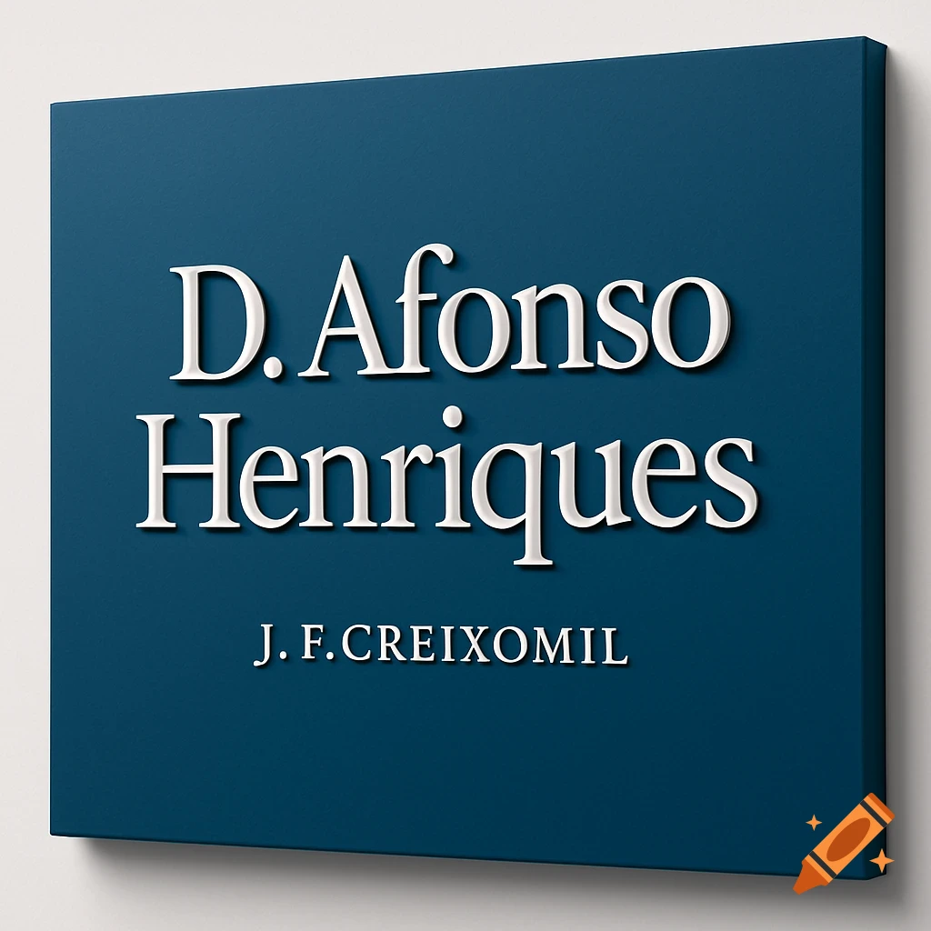 A dark blue square plaque with the raised white text 'D. Afonso Henriques' and 'J. F. CREIXOMIL' below it.