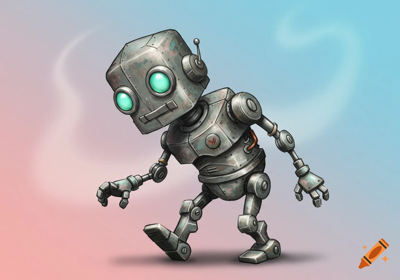 An old, rusty, blocky robot with large, glowing green eyes stands on a gradient background of pink and blue hues. The robot looks slightly sad.
