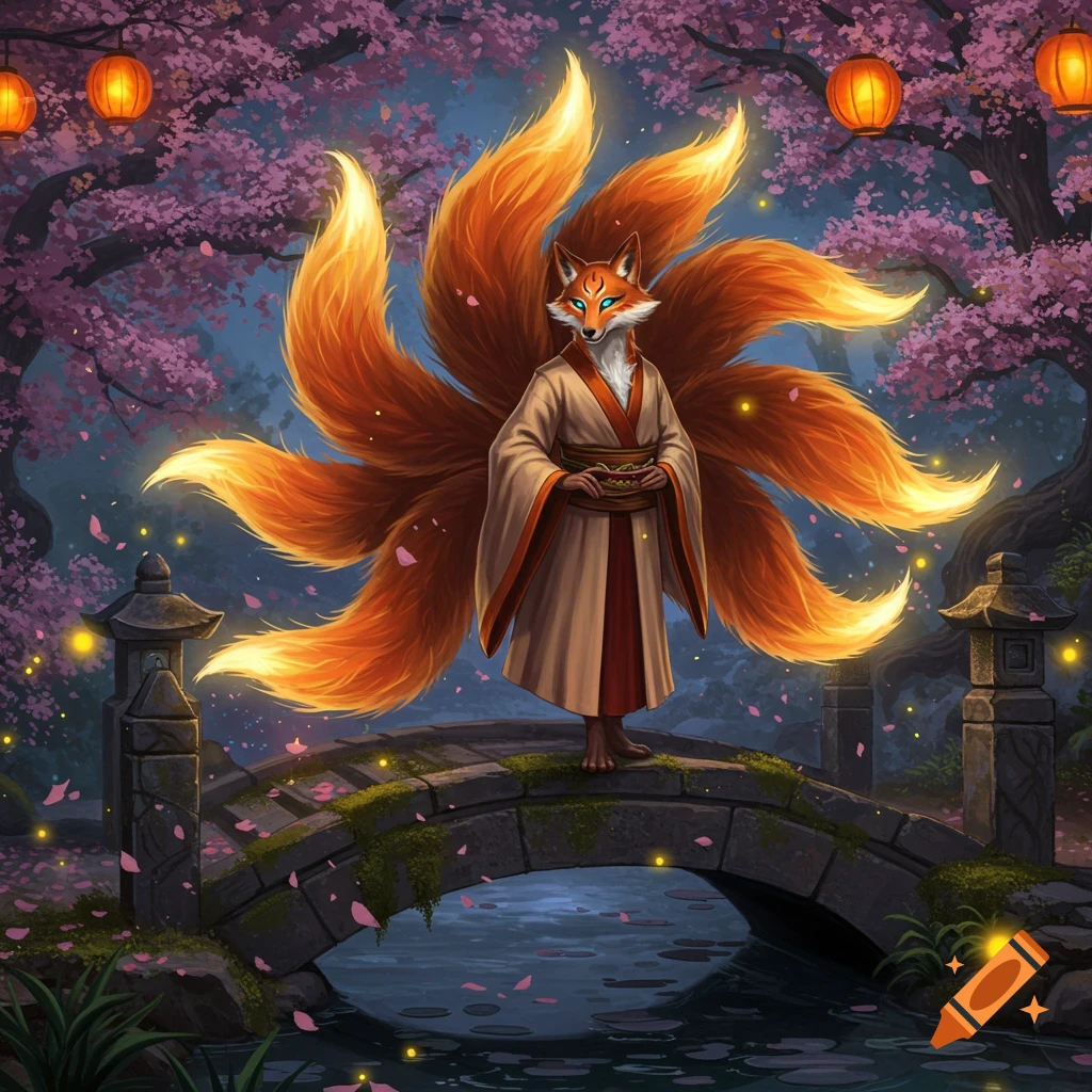 A mystical kitsune in a kimono on a stone bridge in a cherry blossom forest at night with glowing lanterns, many fiery tails.