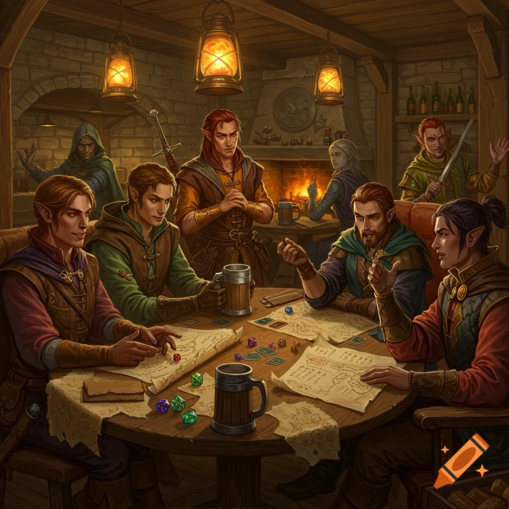 A group of fantasy adventurers, likely elves, gather around a wooden table in a dimly lit tavern, playing a tabletop game with maps and dice.