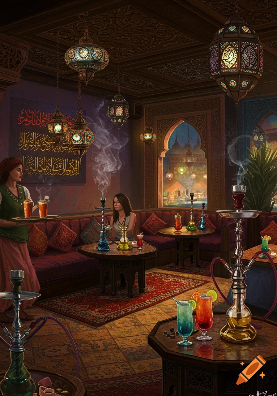 A richly decorated Middle Eastern shisha lounge with ornate lanterns, patterned rugs, and upholstered seating, where a server brings drinks to a patron.