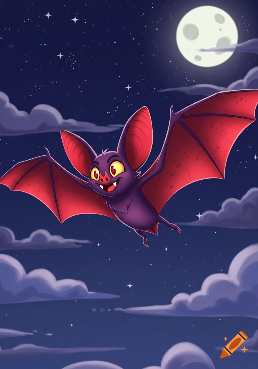 A cute purple cartoon bat with large red wings and yellow eyes flies happily across a starry night sky with a full moon and clouds.
