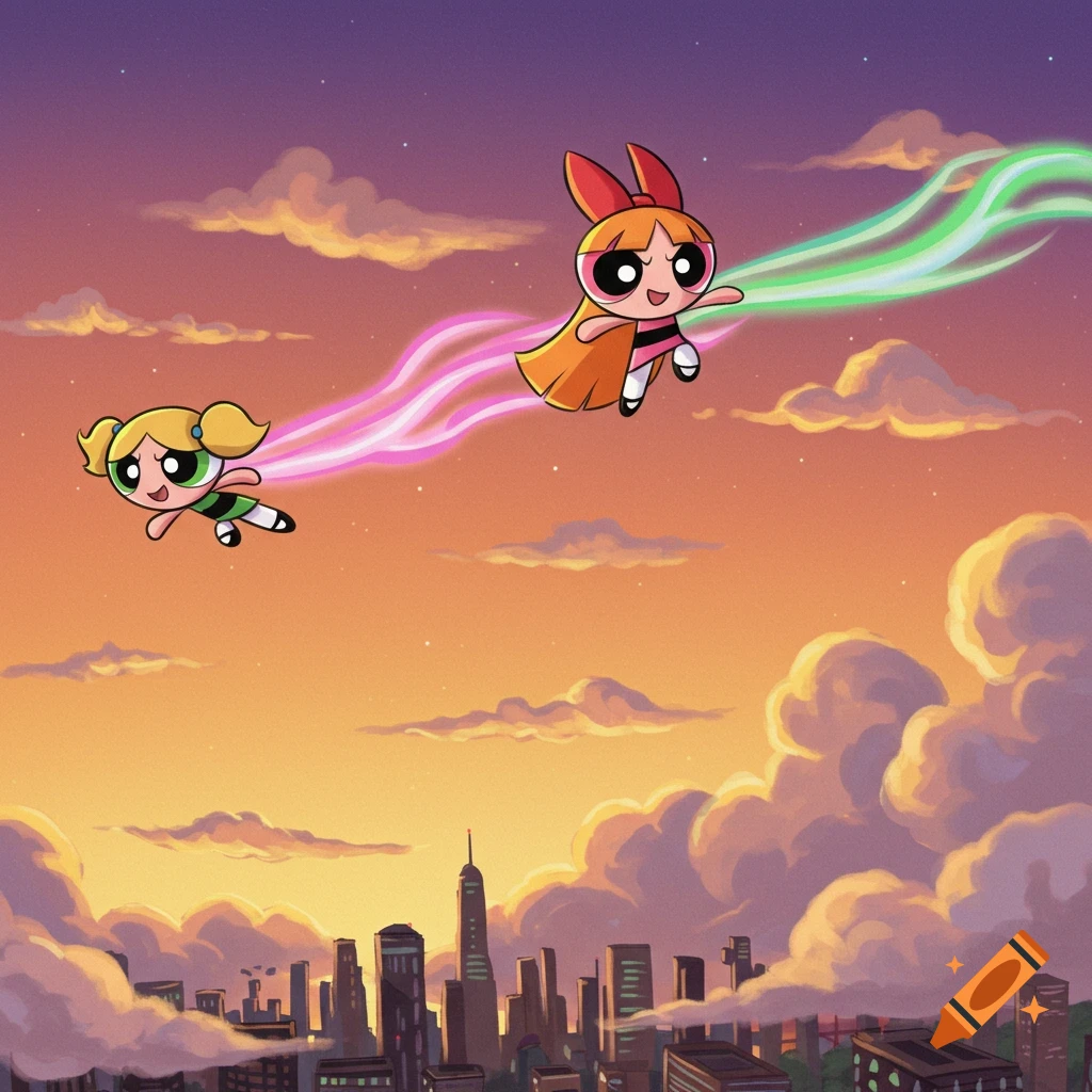 Cartoon Powerpuff Girls Blossom and Bubbles fly with colorful trails over a city skyline at sunset.