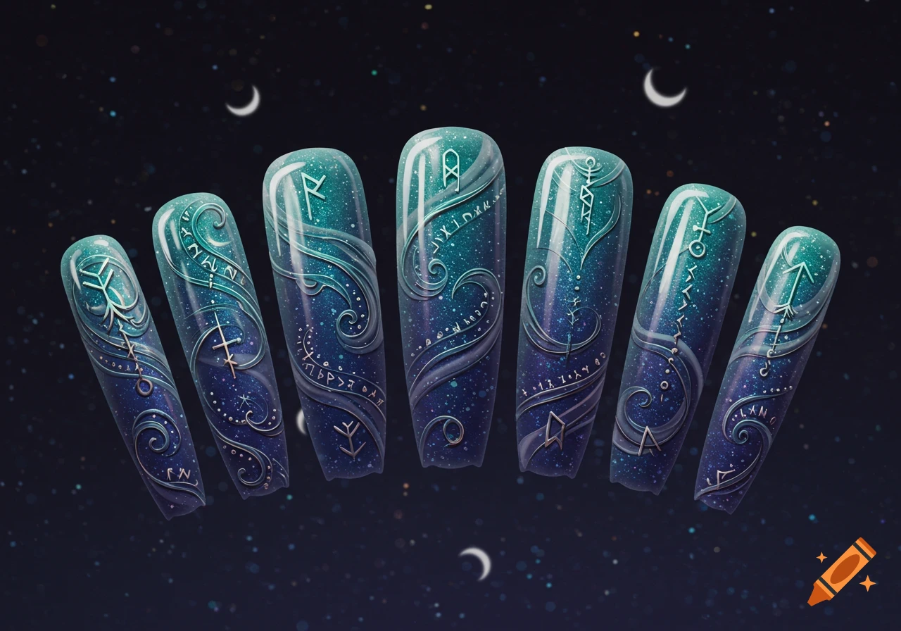 Seven long, pointed nails with shimmering teal and dark blue gradient, adorned with silver mystical symbols and swirling patterns, against a dark, starry background with crescent moons.