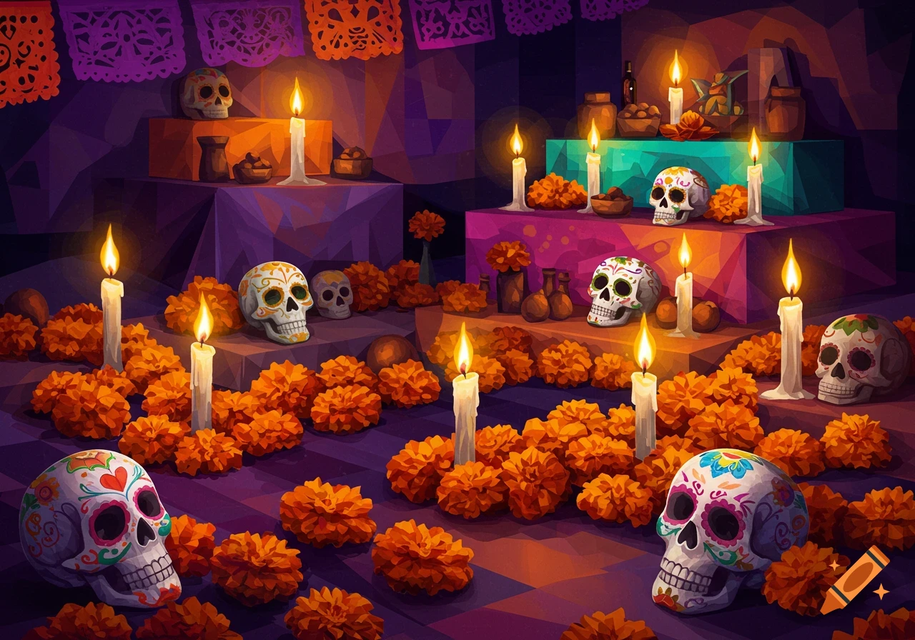 Cubist painting of a vibrant Day of the Dead altar with colorful sugar skulls, lit candles, and orange marigold flowers.