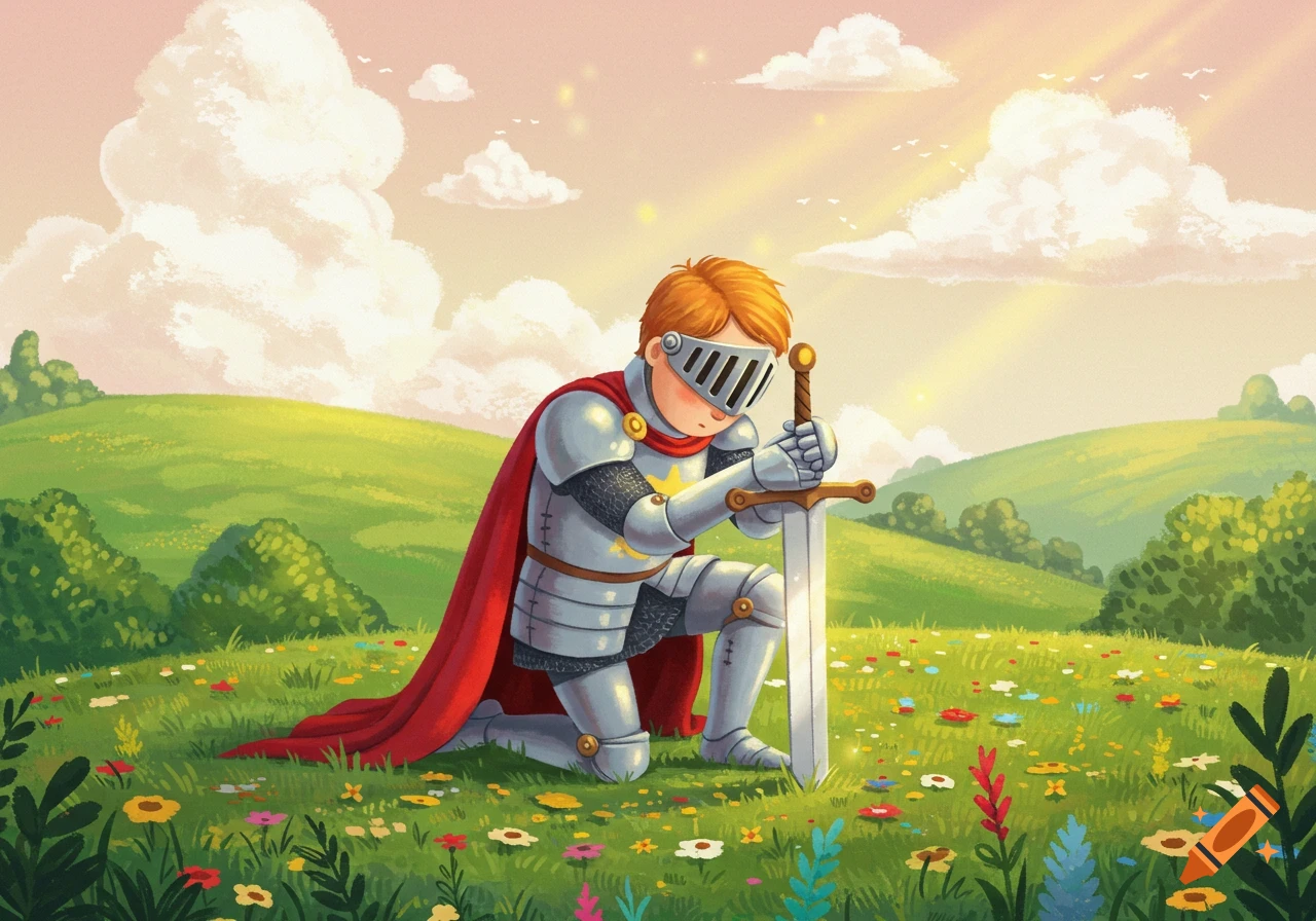 Cartoonish young knight in armor and red cape kneels with a sword in a field of colorful flowers under a bright sky.