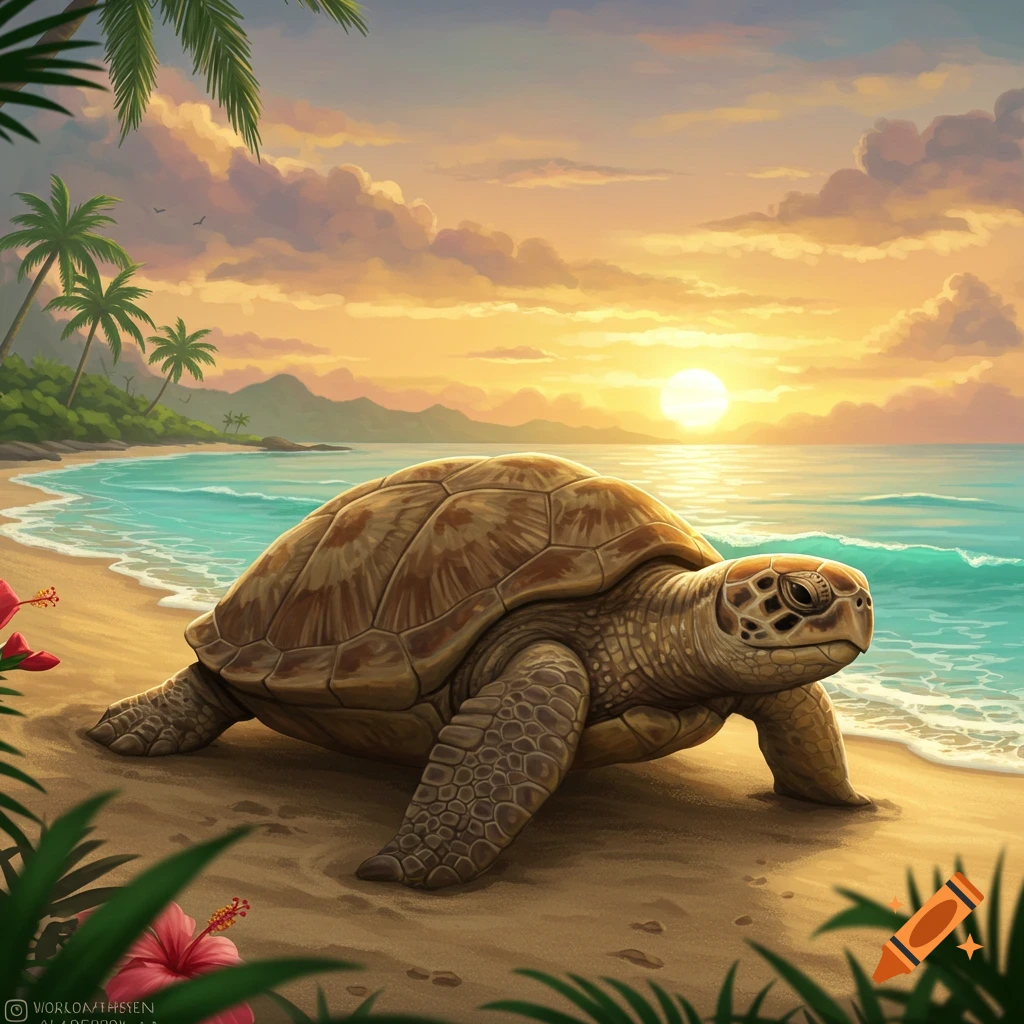 An illustrated sea turtle crawls on a sandy tropical beach during a golden sunset, with palm trees and ocean waves.