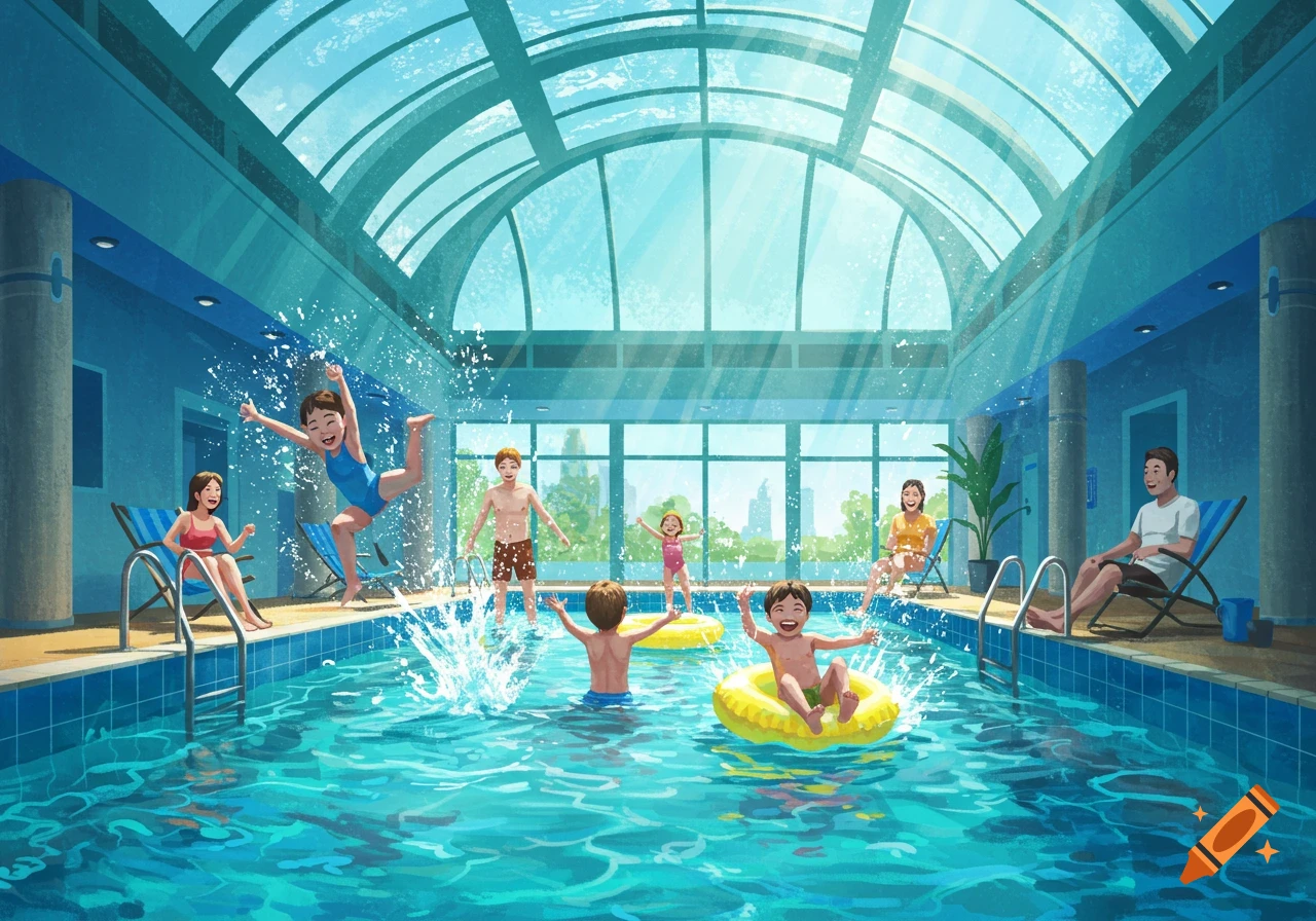 Illustrated scene of a family with children playing and relaxing in a bright indoor swimming pool with a glass roof.