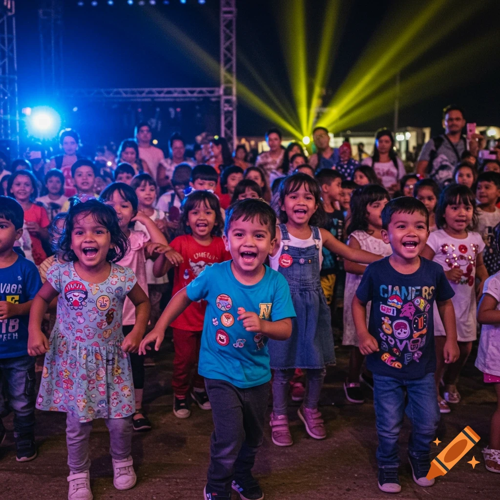 A crowd of young children with wide smiles dance excitedly under blue and yellow stage lights at a night concert.