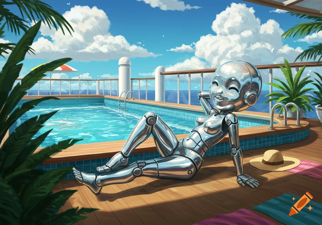A shiny silver robot lady relaxes by a turquoise swimming pool on a cruise ship deck under a bright blue sky. Palm fronds frame the scene.